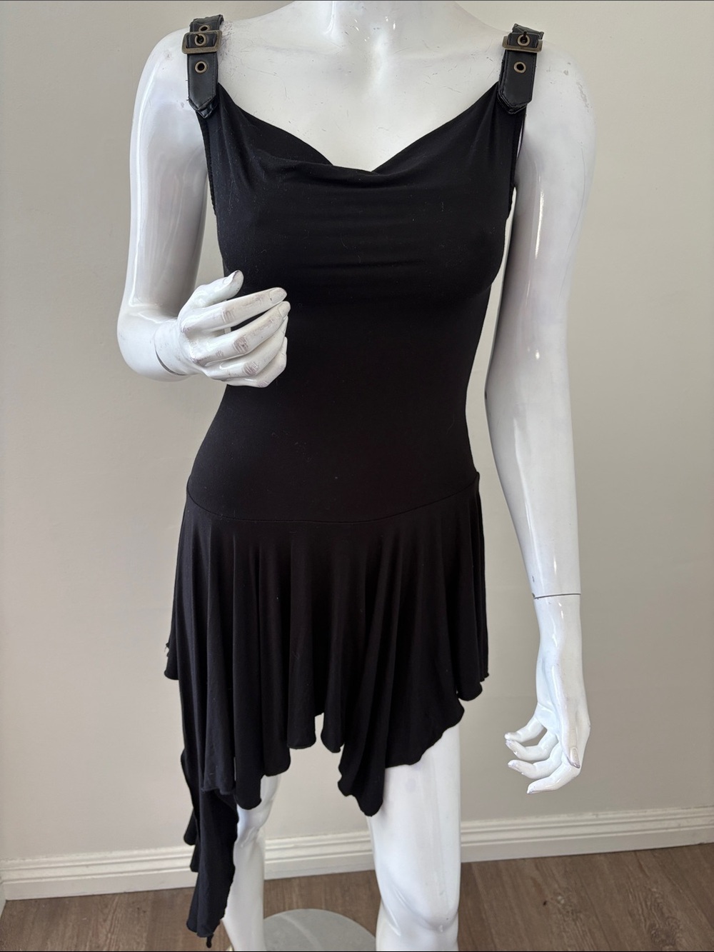 Dolls Kill Brand Current Mood Black Asymmetrical Mini Dress Faux Leather Straps
